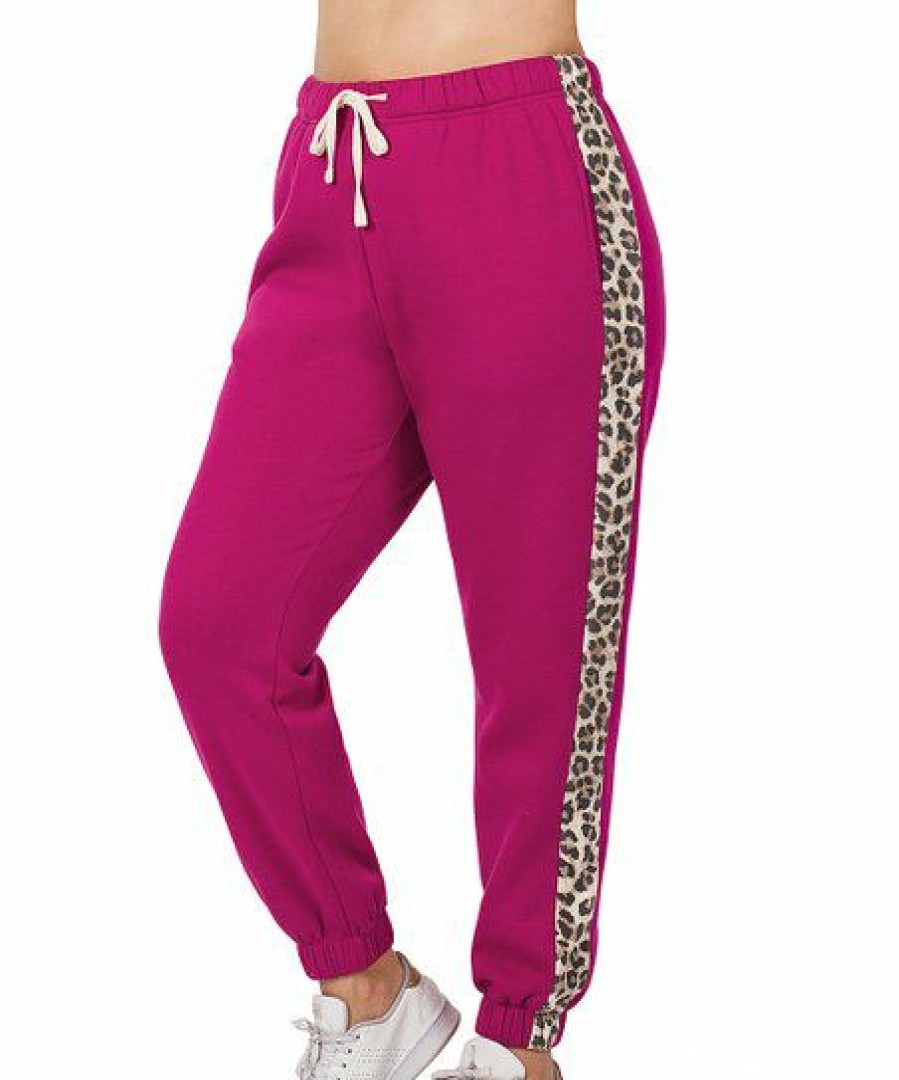 Women * | Buy 42Pops Magenta & Brown Leopard Side-Panel Drawstring Sweatpants Plus