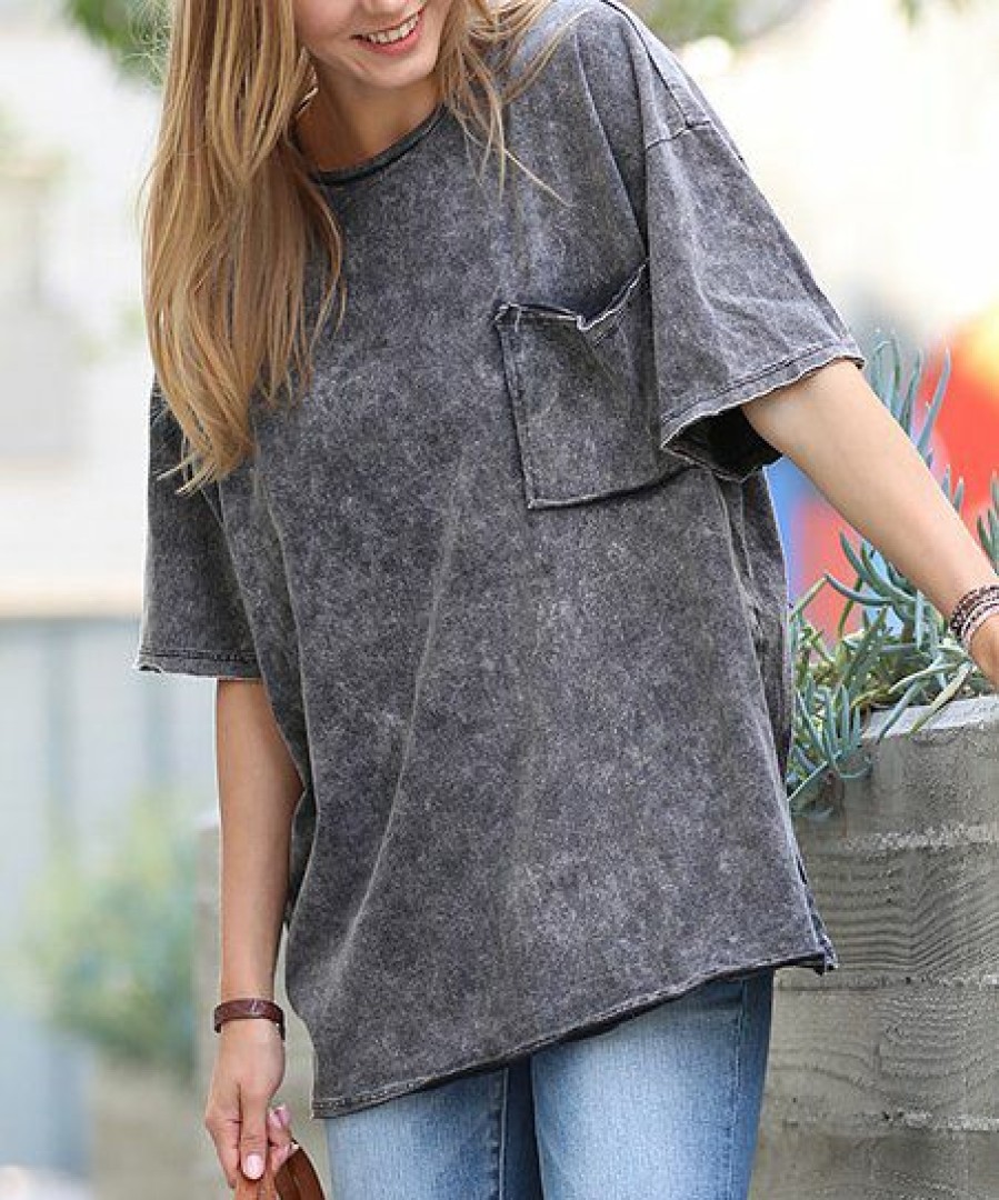 Women * | Flash Sale 42Pops Ash Black Acid-Wash Oversize Pocket Crewneck Tee Women