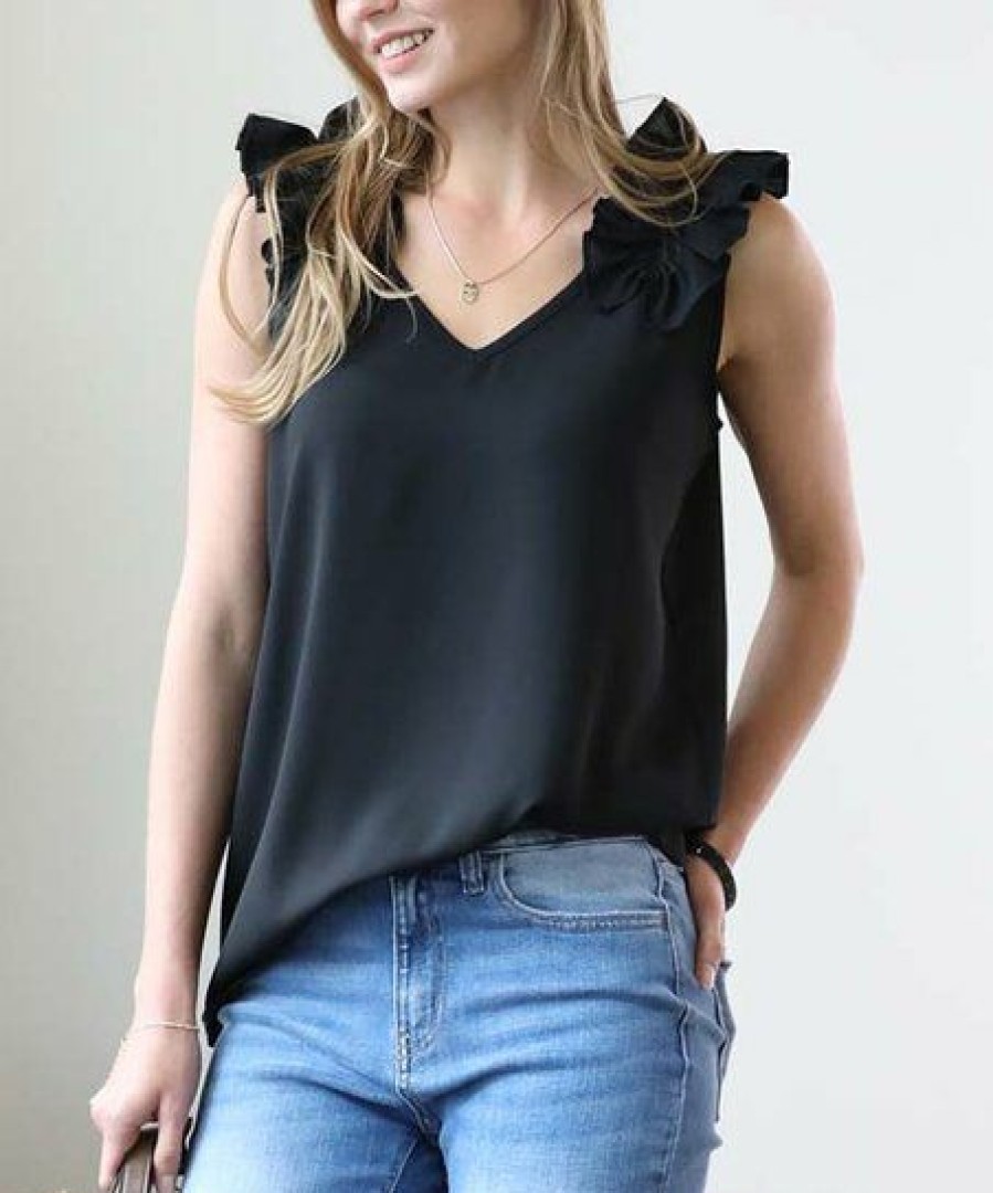 Women * | Outlet 42Pops Black Ruffle-Trim V-Neck Tank Women