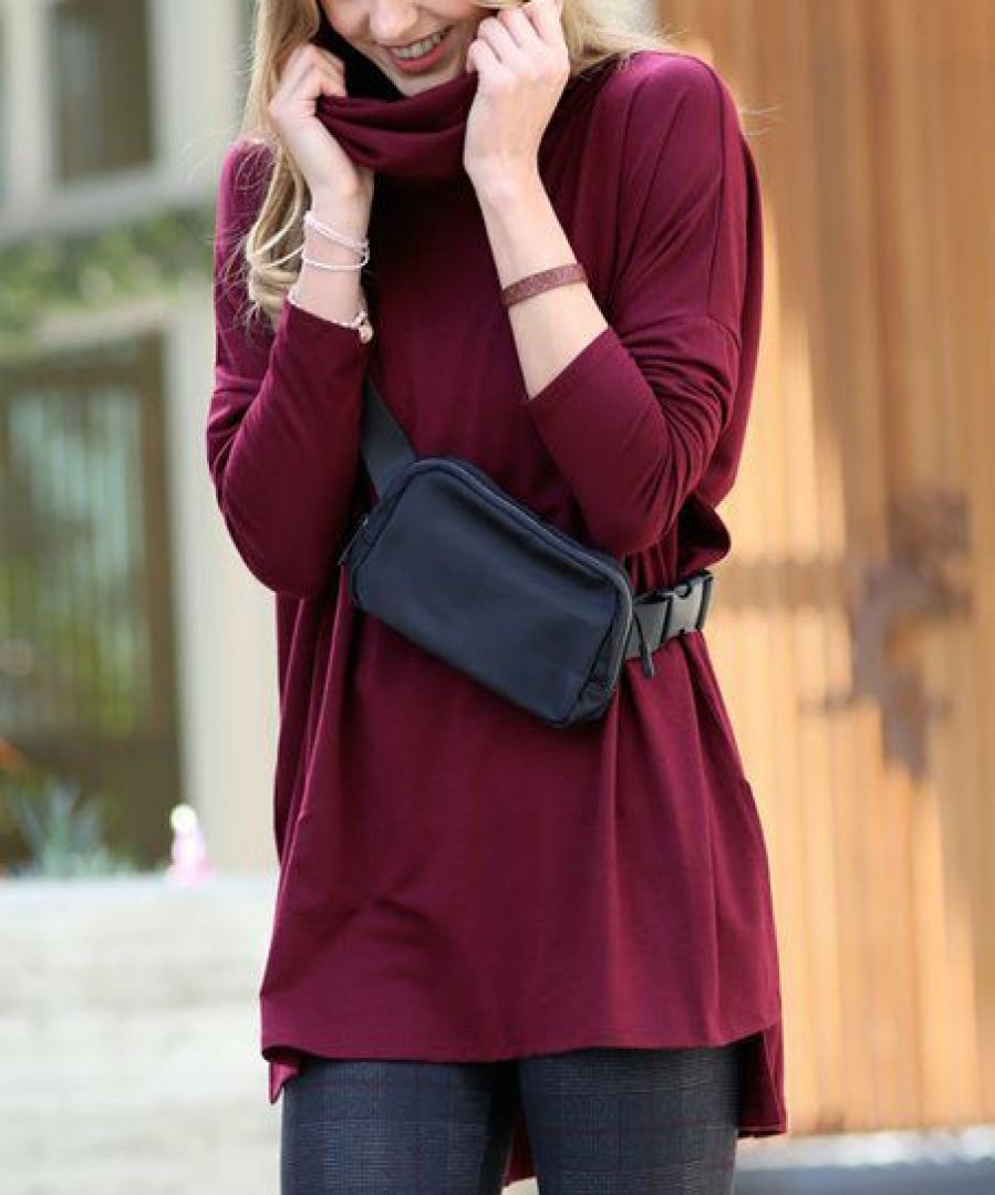 Women * | Cheap 42Pops Dark Burgundy Cowl-Neck Long-Sleeve Hi-Low Top Women