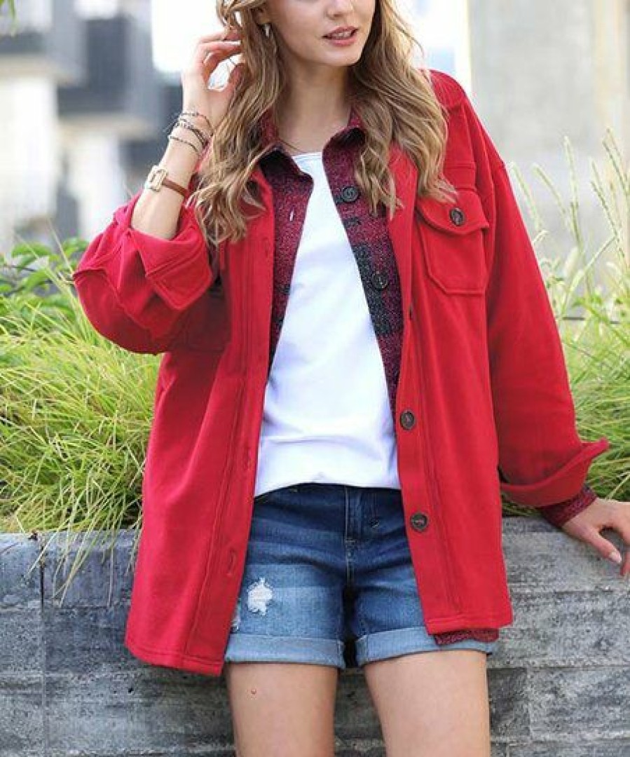 Women * | Hot Sale 42Pops Dark Red Elbow-Patch Pocket Oversize Fleece Shacket Women