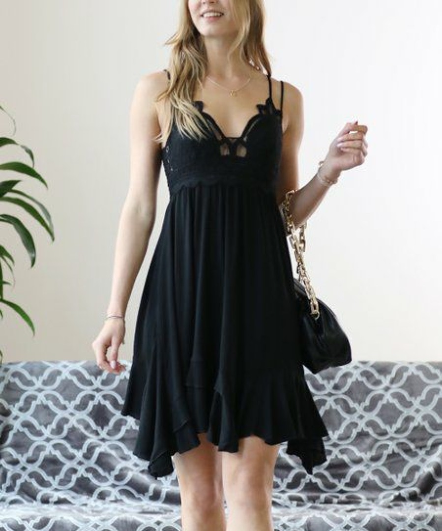 Women * | Hot Sale 42Pops Black Crochet-Trim Sweetheart Double-Strap Swing Dress Women