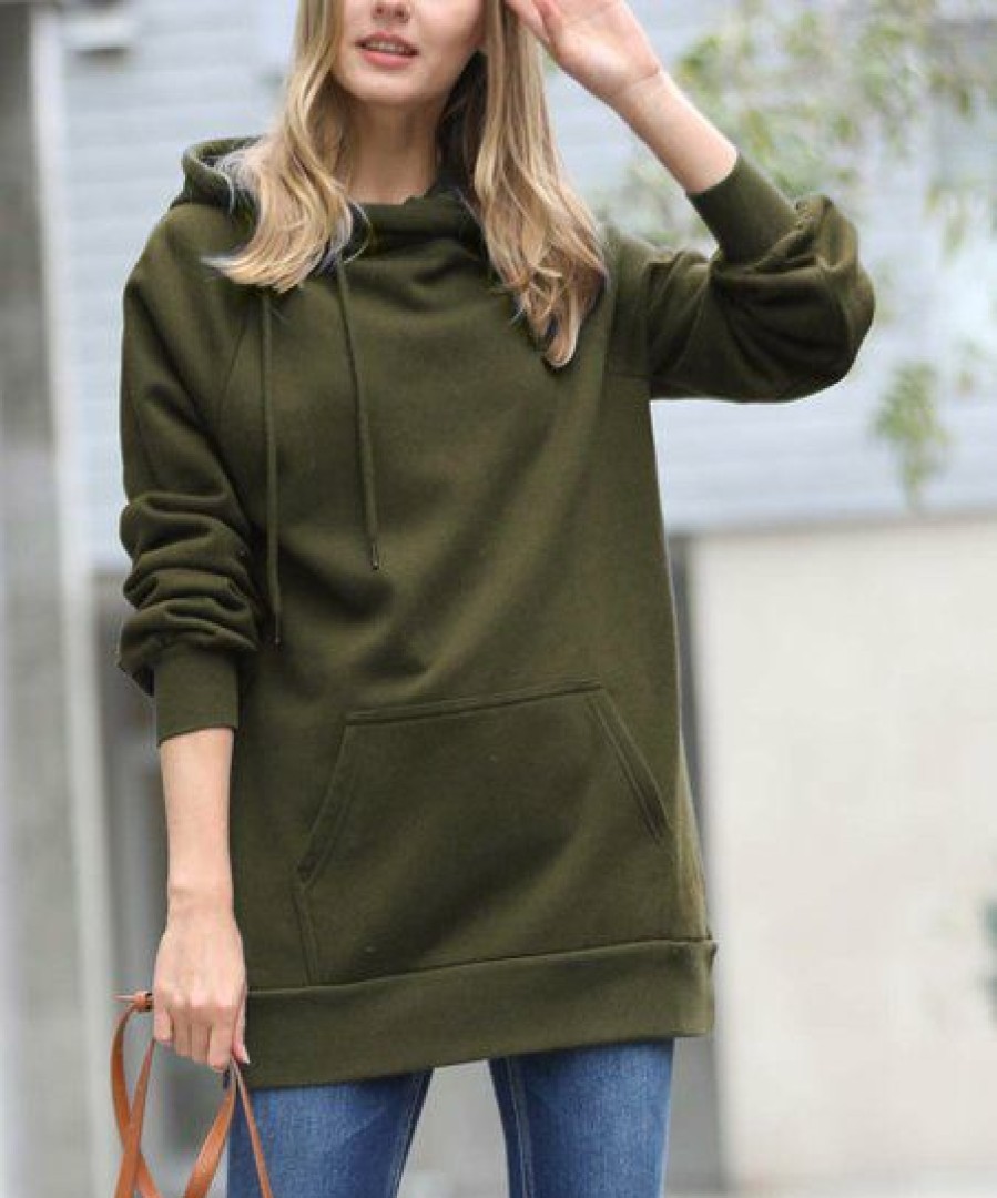 Women * | Wholesale 42Pops Dark Olive Side-Tie Longline Pocket Hoodie Women