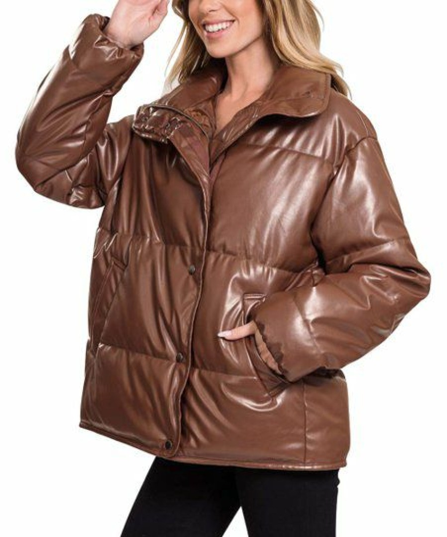 Women * | Hot Sale 42Pops Chocolate Faux Leather Funnel-Collar Puffer Jacket Women