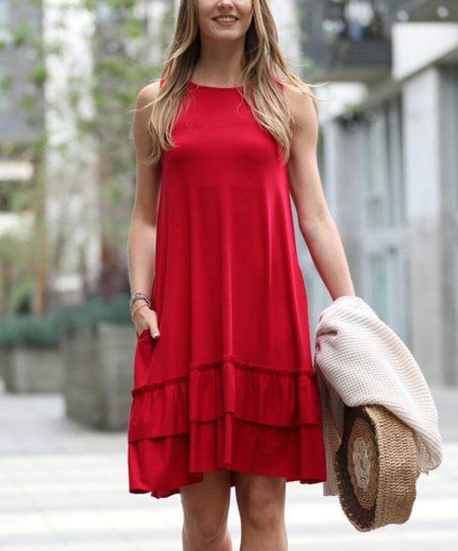 Women * | Wholesale 42Pops Red Crewneck Ruffle-Hem Pocket Sleeveless Dress Women