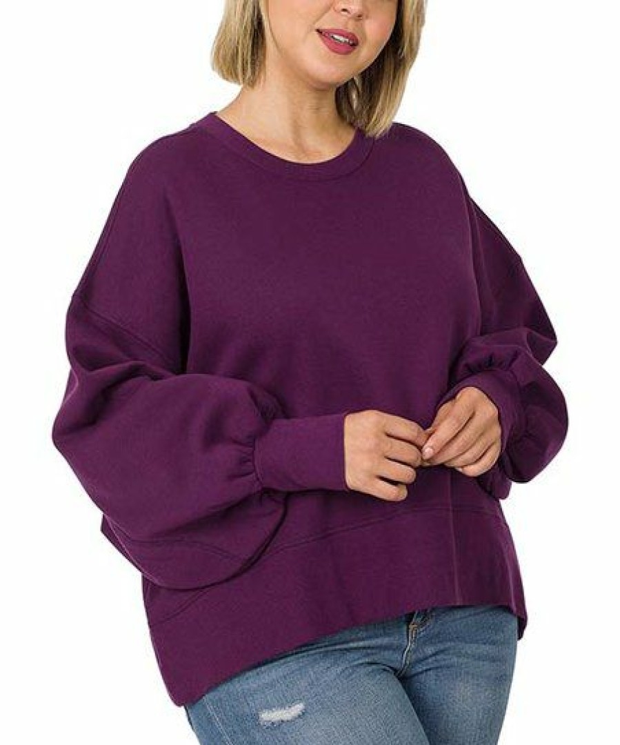 Women * | Best Sale 42Pops Dark Plum Crewneck Puff-Sleeve Sweatshirt Plus