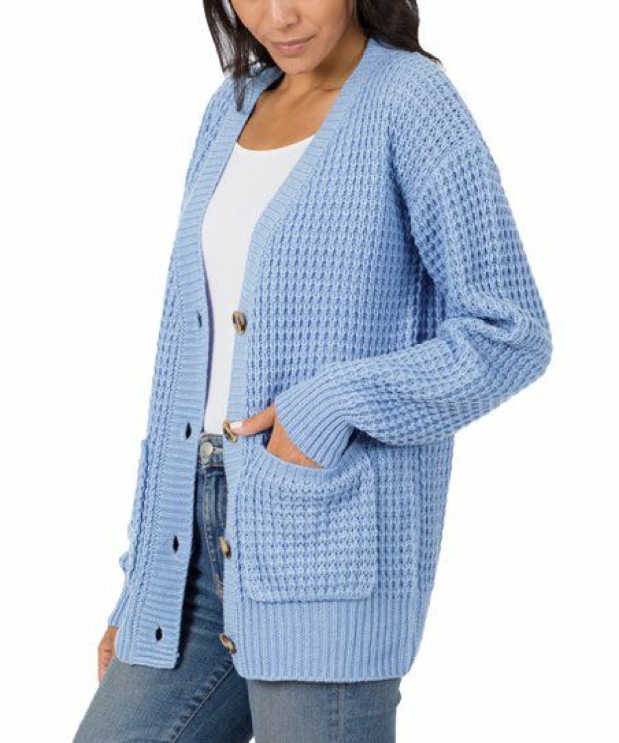 Women * | Deals 42Pops Spring Blue Waffle Button-Front Cardigan Women