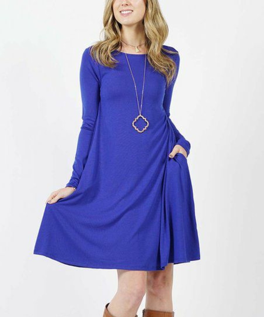 Women * | Brand New 42Pops Bright Blue Boatneck Long-Sleeve Pocket Shift Dress Women