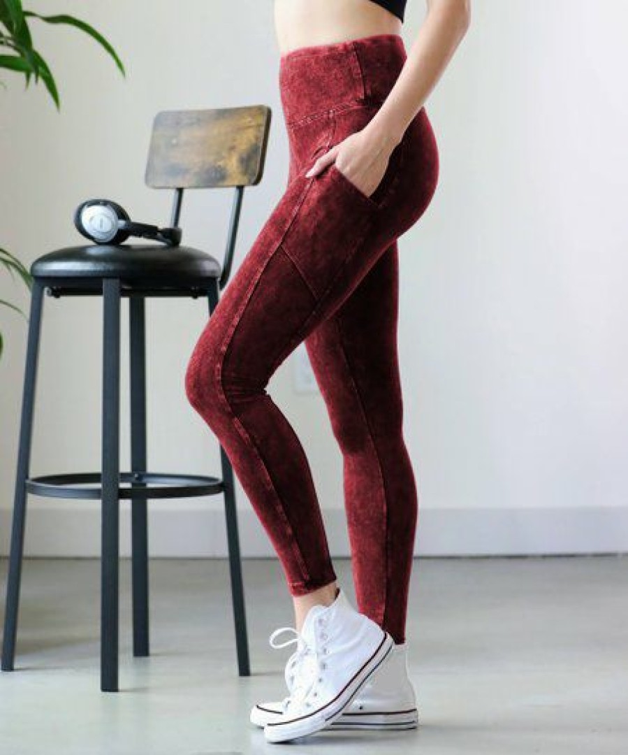 Women * | Budget 42Pops Cabernet Mineral Wash Wide-Waistband Full-Length Leggings Women