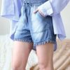 Women * | Buy 42Pops Medium Blue Chambray Drawstring Raw-Cuff Pocket Shorts Women