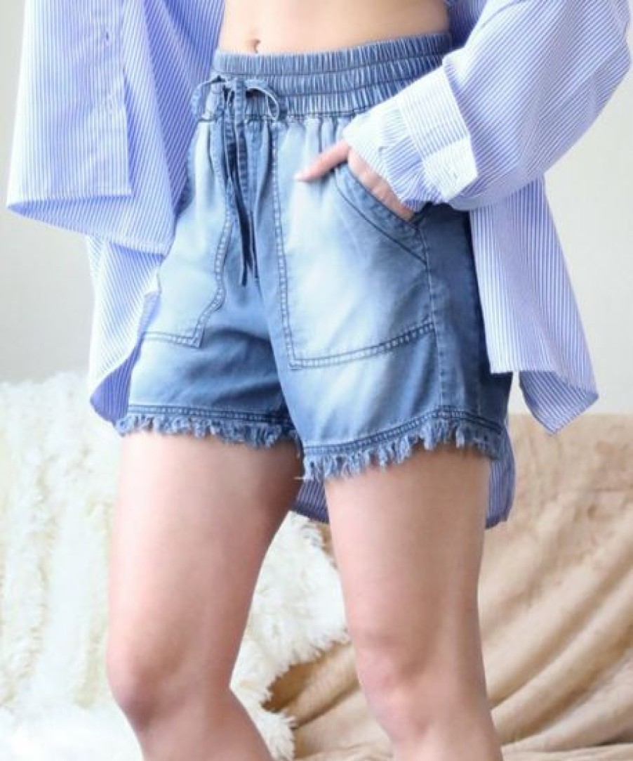 Women * | Buy 42Pops Medium Blue Chambray Drawstring Raw-Cuff Pocket Shorts Women