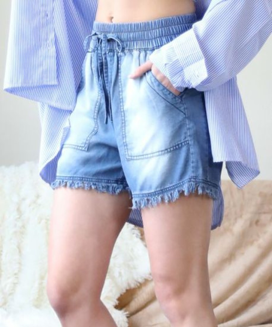 Women * | Buy 42Pops Medium Blue Chambray Drawstring Raw-Cuff Pocket Shorts Women