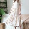 Women * | Best Reviews Of 42Pops Heather Beige Crewneck Short-Sleeve Tiered Midi Dress Women