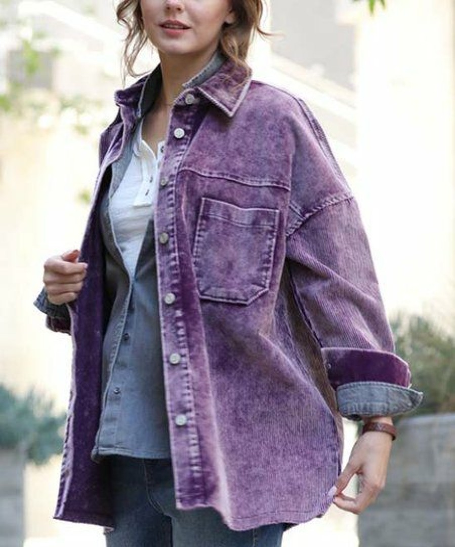 Women * | Cheap 42Pops Dark Plum Vintage-Wash Corduroy Oversize Shacket Women