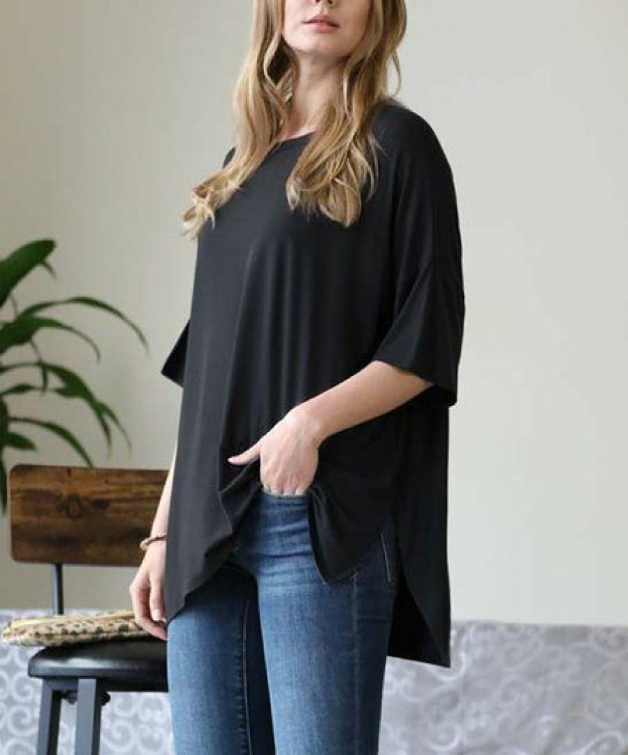 Other * | Top 10 42Pops Black Half-Sleeve Side-Slit Top Women