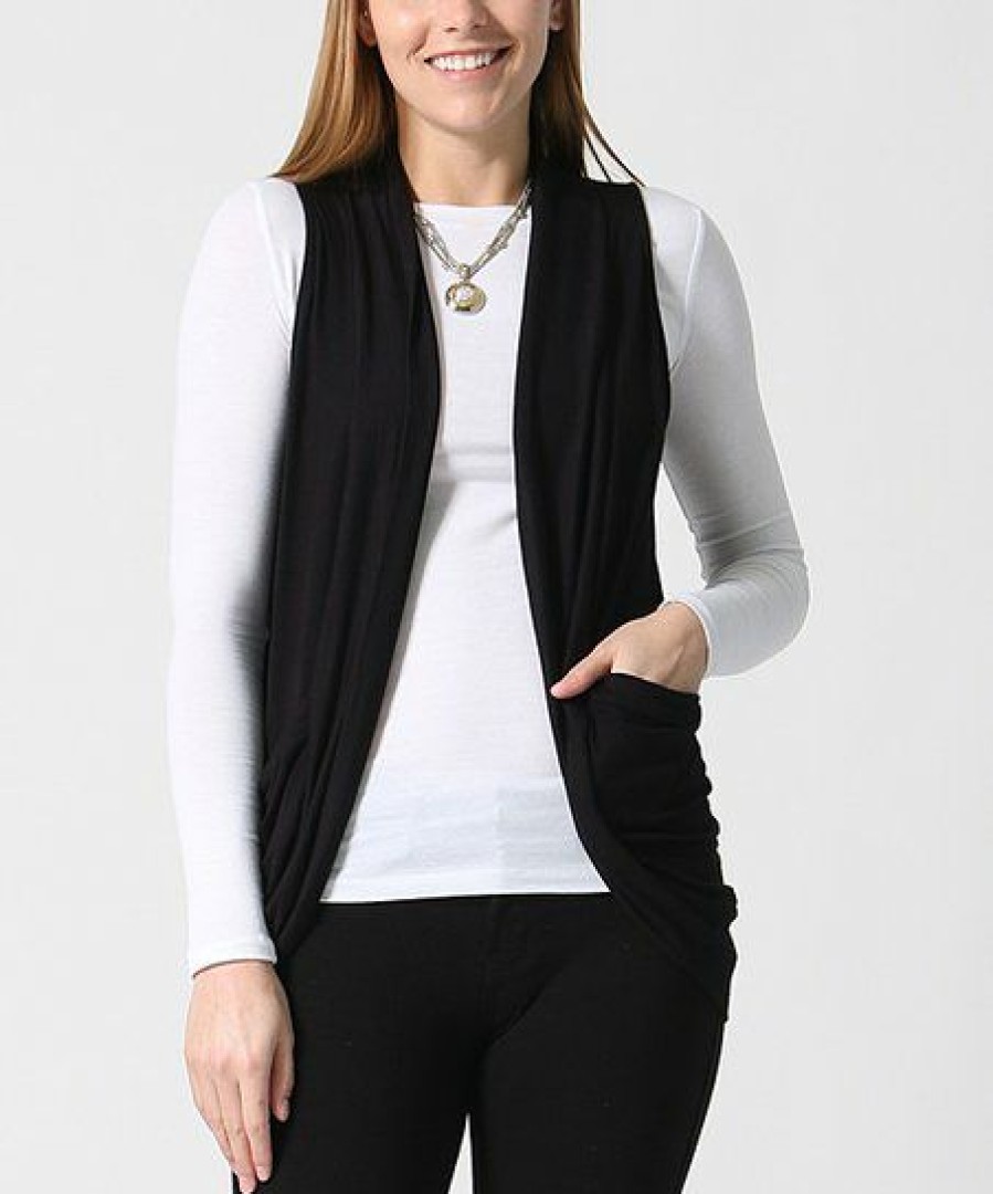 Women * | Hot Sale 42Pops Black Sleeveless Pocket Open Cardigan Women