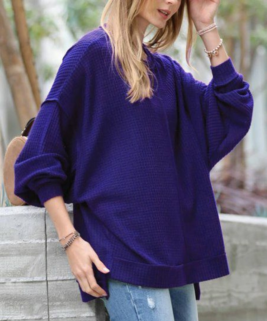 Women * | Best Pirce 42Pops Bright Blue Brushed Waffle Exposed-Seam Oversize Sweater Women