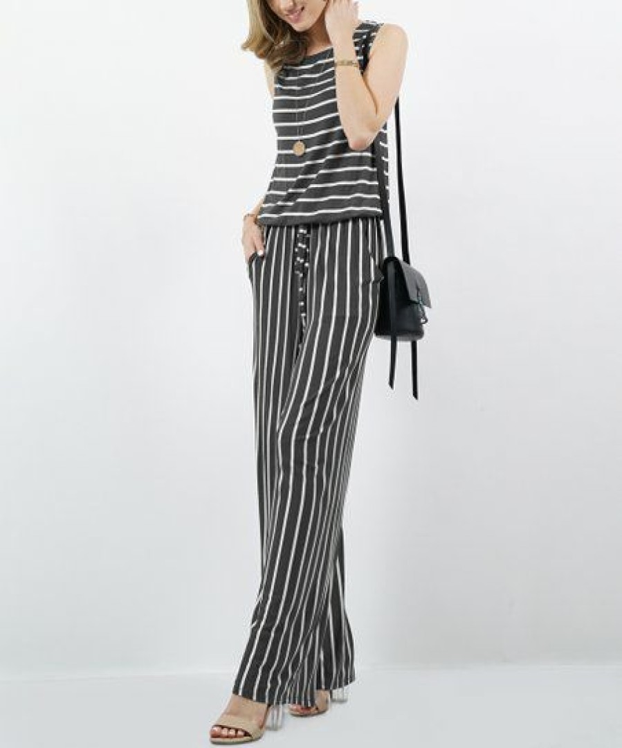 Women * | Brand New 42Pops Ash Gray & Ivory Stripe Sleeveless Pocket Jumpsuit Women