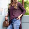 Women * | Wholesale 42Pops Eggplant Waffle V-Neck Hi-Low Sweater Women