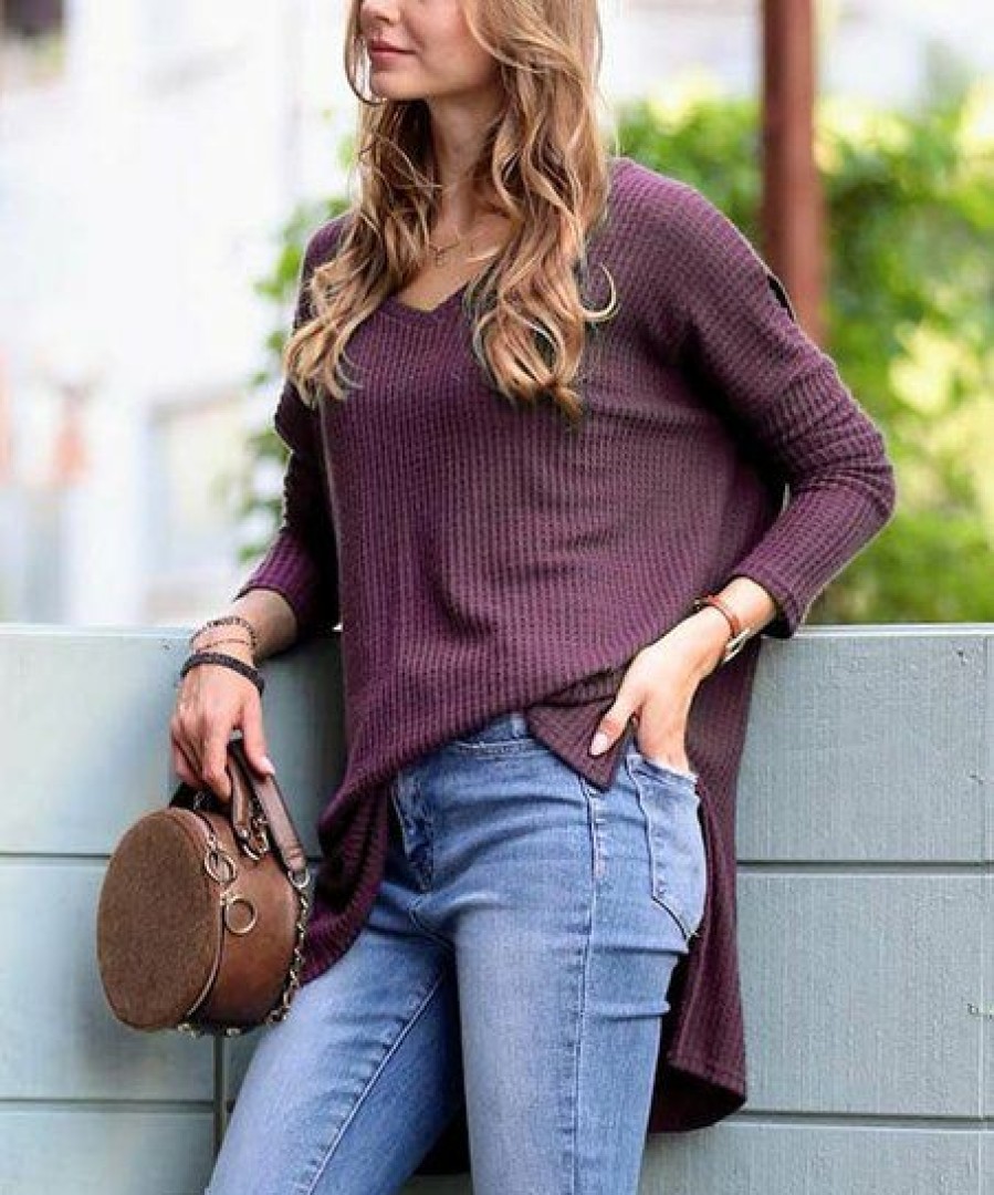 Women * | Wholesale 42Pops Eggplant Waffle V-Neck Hi-Low Sweater Women