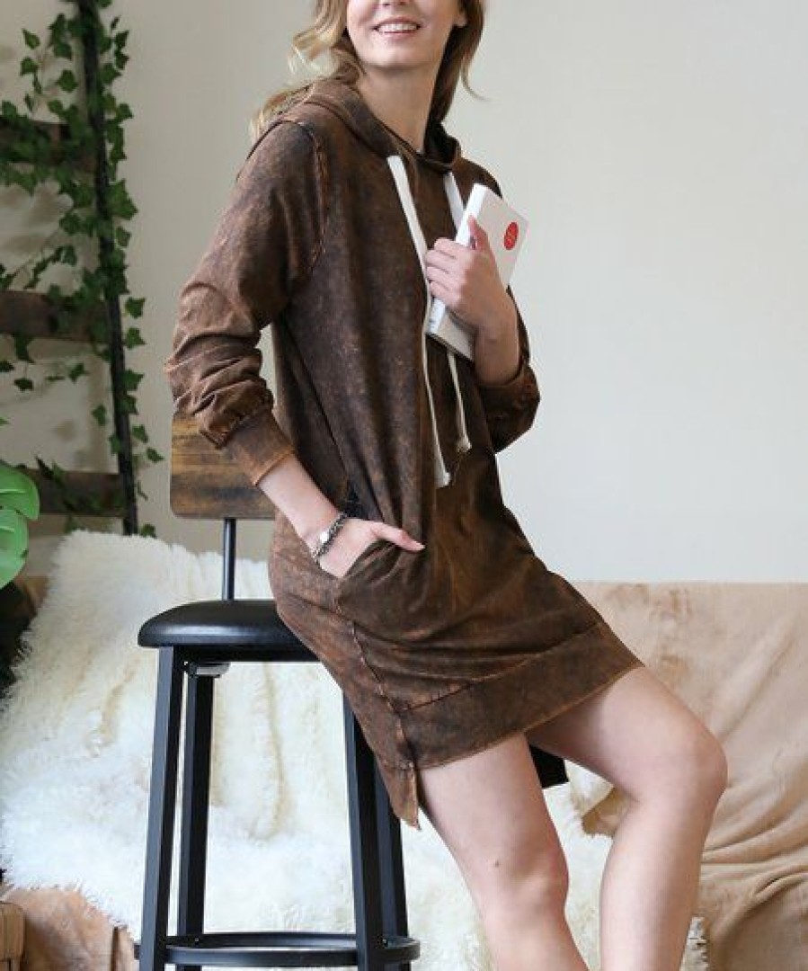 Women * | Hot Sale 42Pops Americano Mineral Wash Hooded Hi-Low Pocket Sweatshirt Dress Women