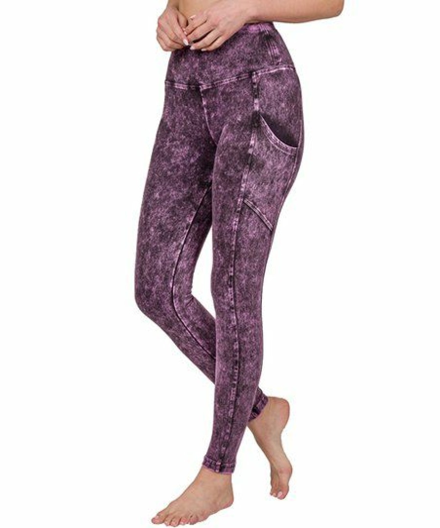 Women * | Discount 42Pops Violet Mineral Wash Wide-Waistband Pocket Leggings Women