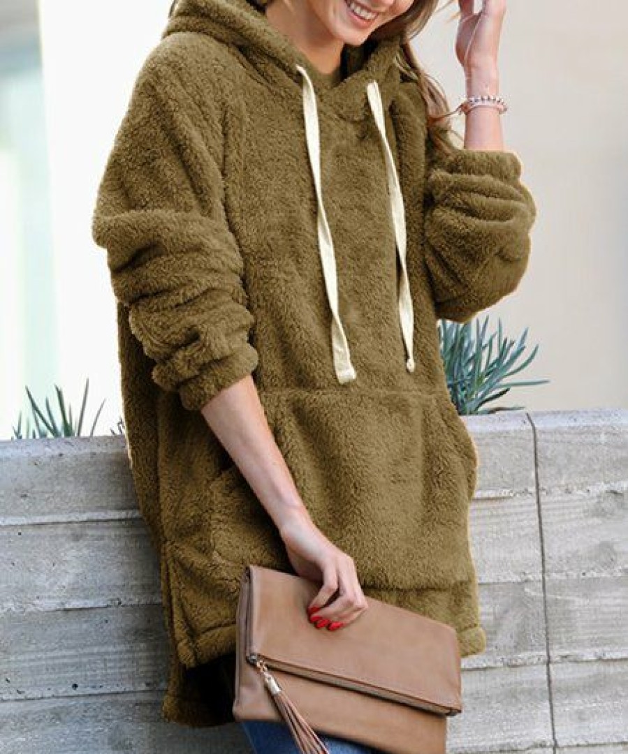 Women * | Promo 42Pops Dusty Olive Plush Hi-Low Longline Pocket Hoodie Women