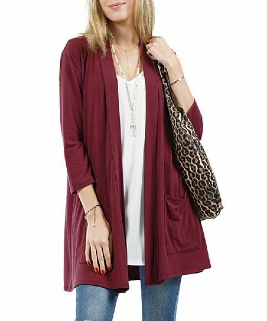 Women * | Flash Sale 42Pops Dark Burgundy Pocket Three-Quarter Sleeve Cardigan Women