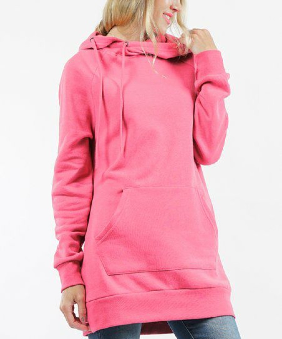 Women * | Coupon 42Pops Bright Pink Side-Tie Longline Pocket Hoodie Women