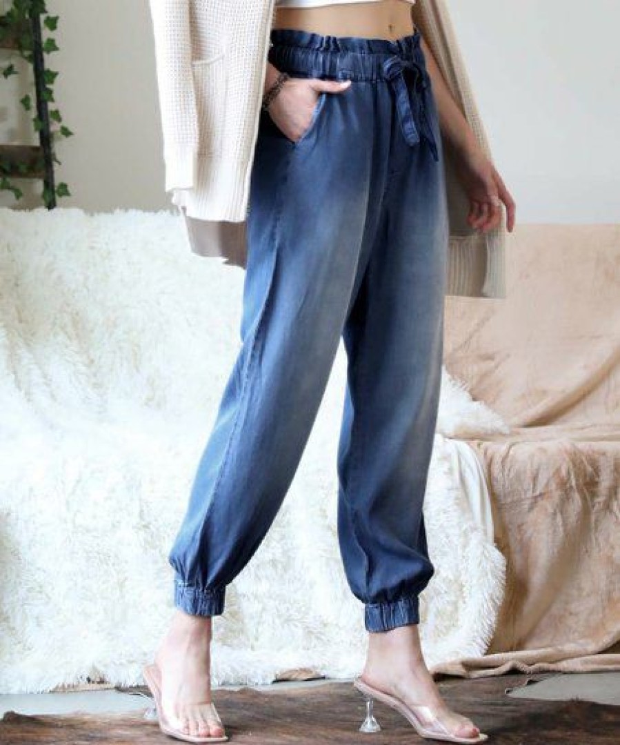 Women * | Best Pirce 42Pops Dark Blue Chambray Paper-Bag Pocket Joggers Women