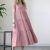 Women * | Best Sale 42Pops Light Rose Scoop-Neck Short-Sleeve Tiered Midi Dress Women