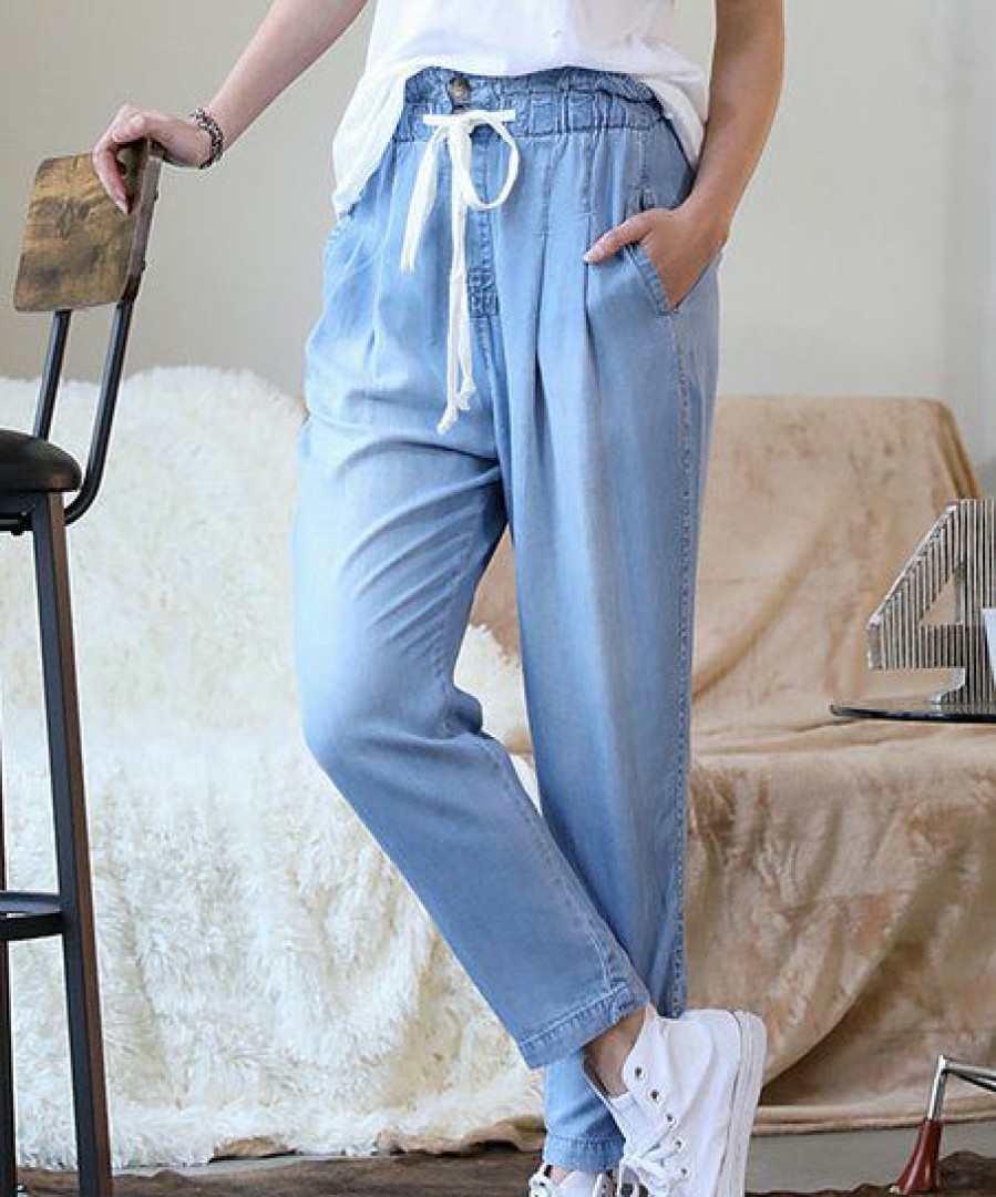 Women * | Best Pirce 42Pops Sky Chambray Drawstring-Waist Pocket Paper Bag Pants Women