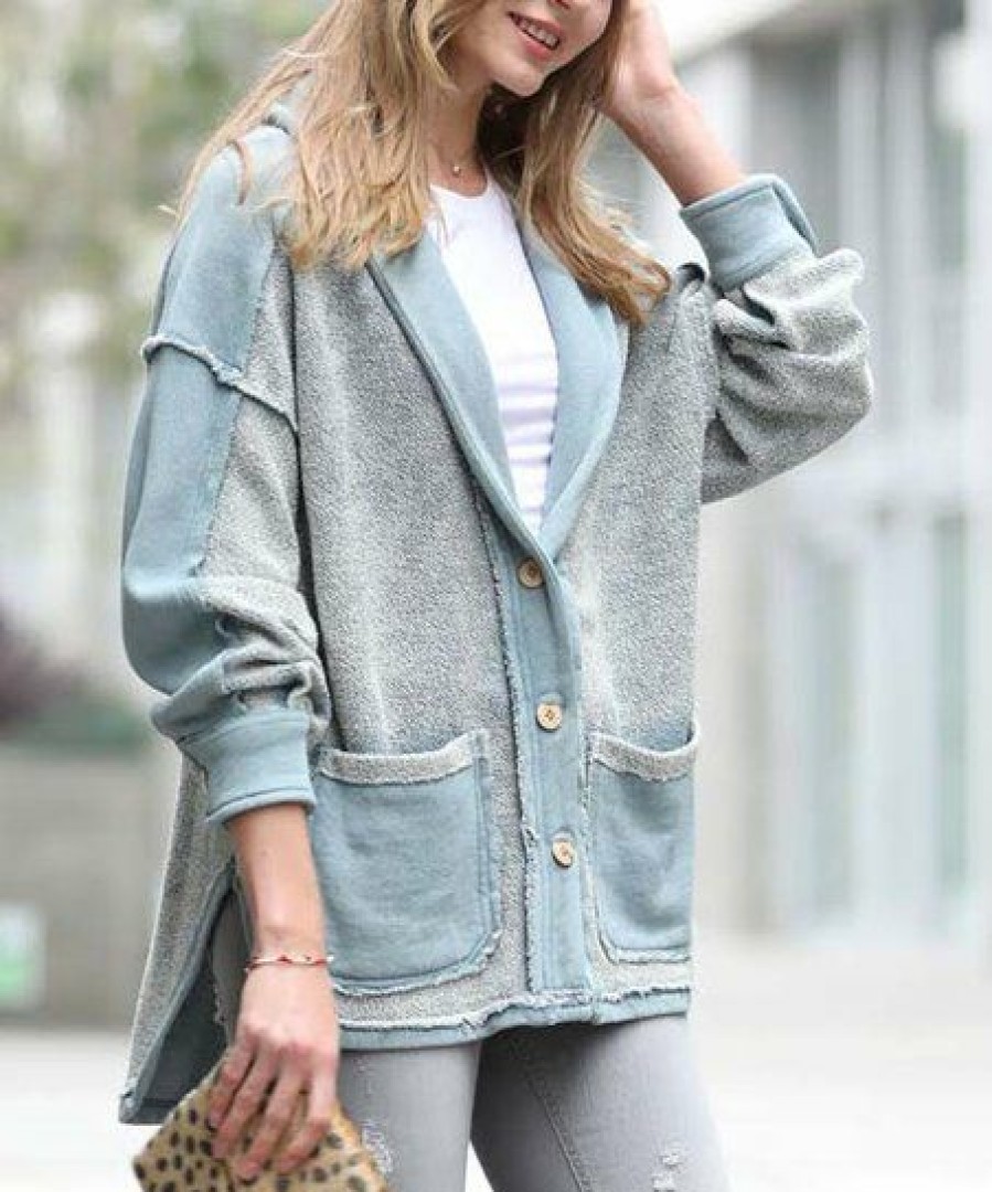 Women * | Cheap 42Pops Blue Gray Mineral Wash Distressed Pocket Button-Up Jacket Women