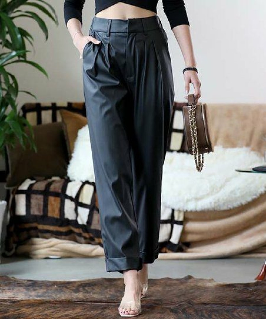 Women * | Wholesale 42Pops Black Faux Leather Pleated Pocket Straight-Leg Pants Women