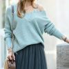 Women * | Coupon 42Pops Light Green Distressed V-Neck Bishop-Sleeve Sweater Women