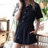 Women * | Best Sale 42Pops Black Button-Front Belted Short-Sleeve Pocket Shirt Romper Women