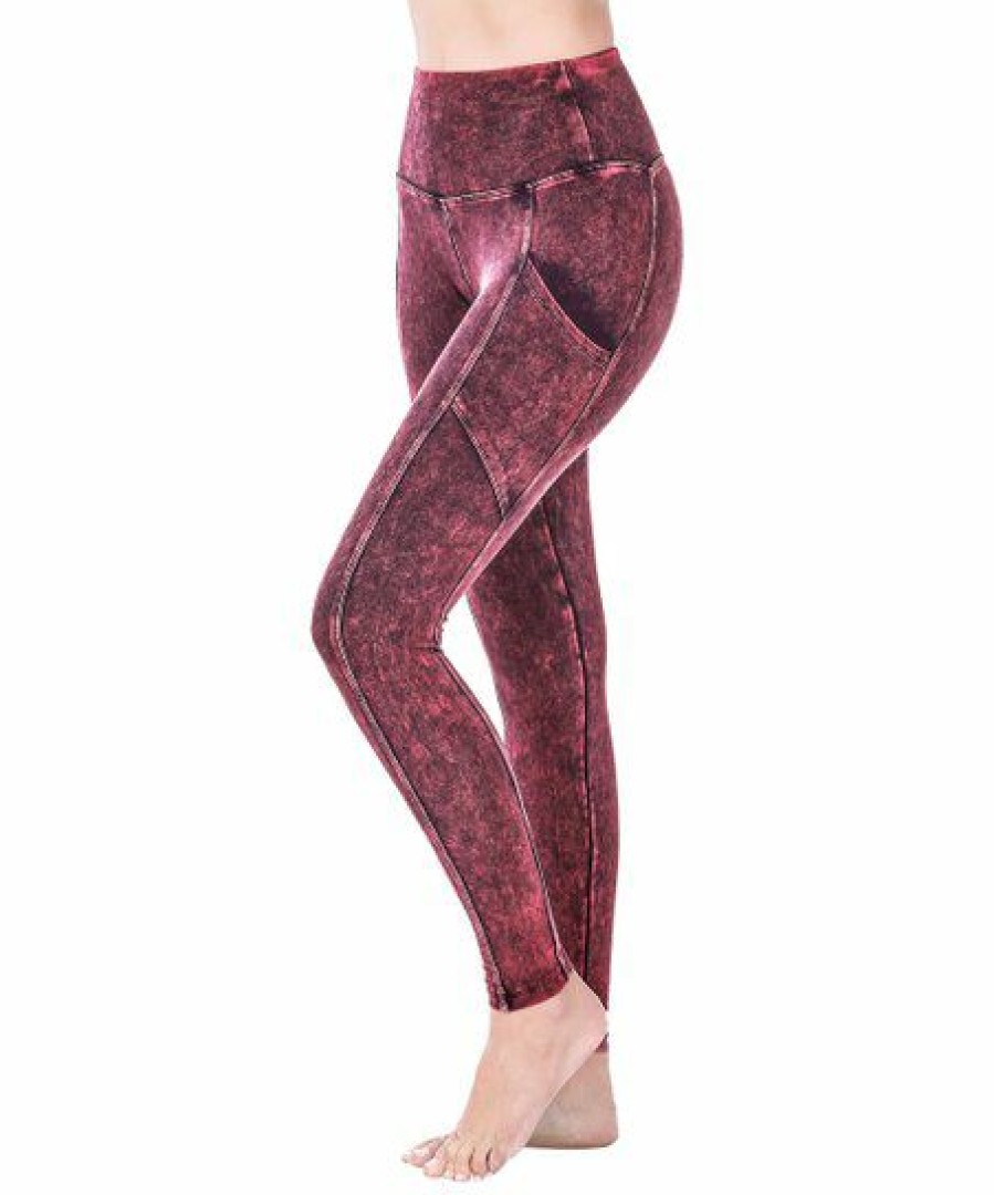 Women * | Best Deal 42Pops Dark Burgundy Mineral Wash Wide-Waistband Pocket Leggings Women