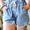 Women * | New 42Pops Light Denim Blue Distressed Drawstring-Waist Pocket Shorts Women