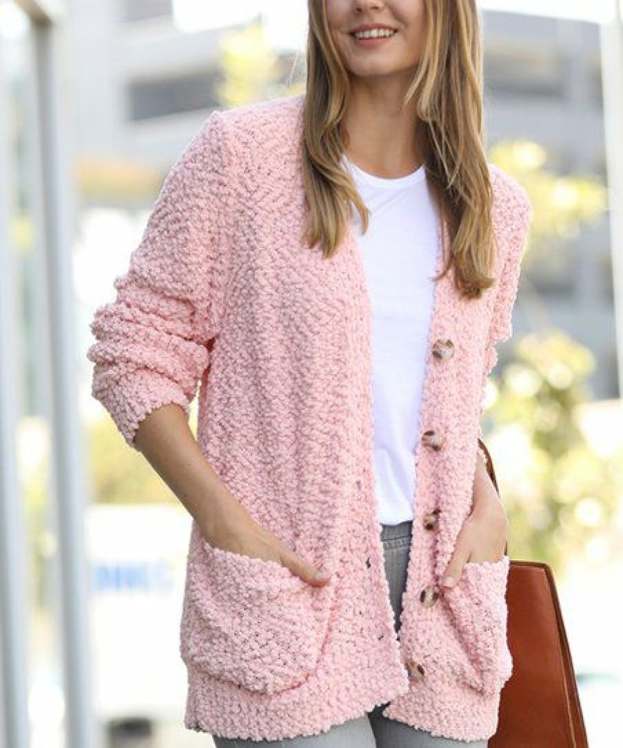 Women * | Budget 42Pops Dusty Pink Popcorn Button-Up Pocket Cardigan Women