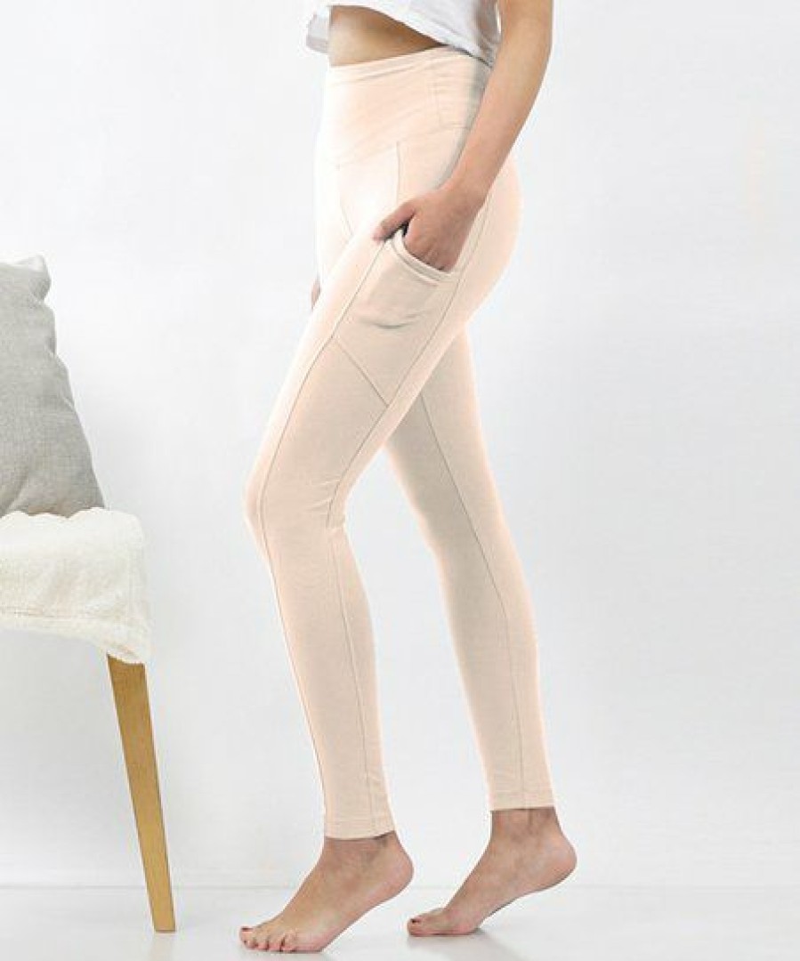 Women * | Outlet 42Pops Sand Beige Brushed Microfiber Pocket Full-Length Leggings Women