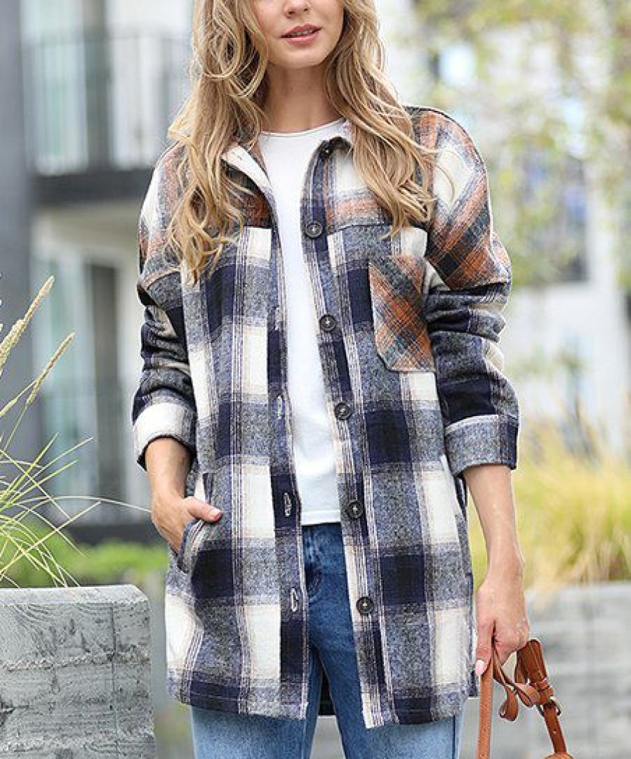 Women * | Cheap 42Pops Navy & Rust Plaid Oversize Pocket Shacket Women