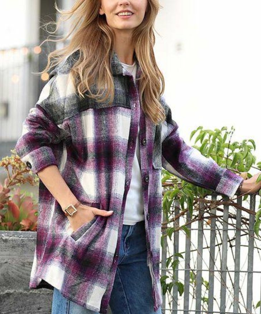 Women * | New 42Pops Eggplant & Olive Color Block Plaid Pocket Oversize Shacket Women