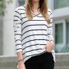 Women * | Best Sale 42Pops Ivory & Black Stripe Dolphin-Hem V-Neck Long-Sleeve Top Women