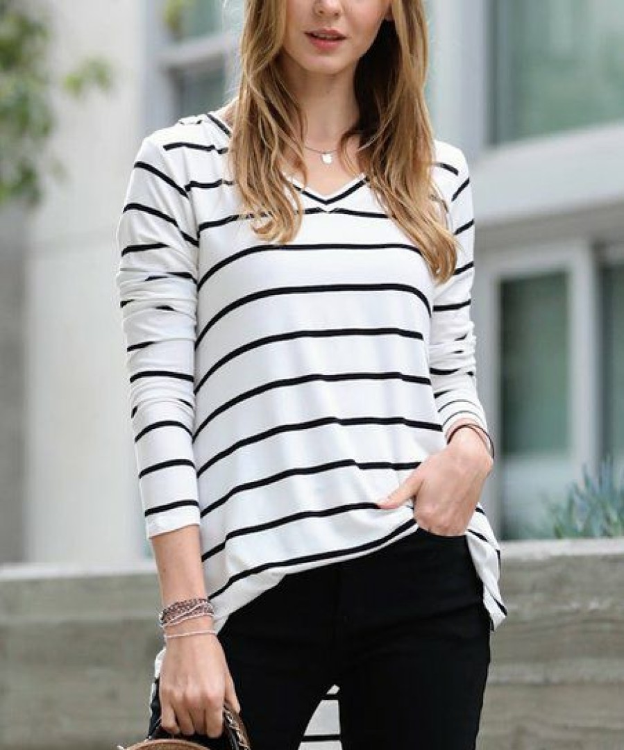 Women * | Best Sale 42Pops Ivory & Black Stripe Dolphin-Hem V-Neck Long-Sleeve Top Women