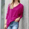 Women * | Coupon 42Pops Magenta Thermal Waffle V-Neck Hi-Low Sweater Women