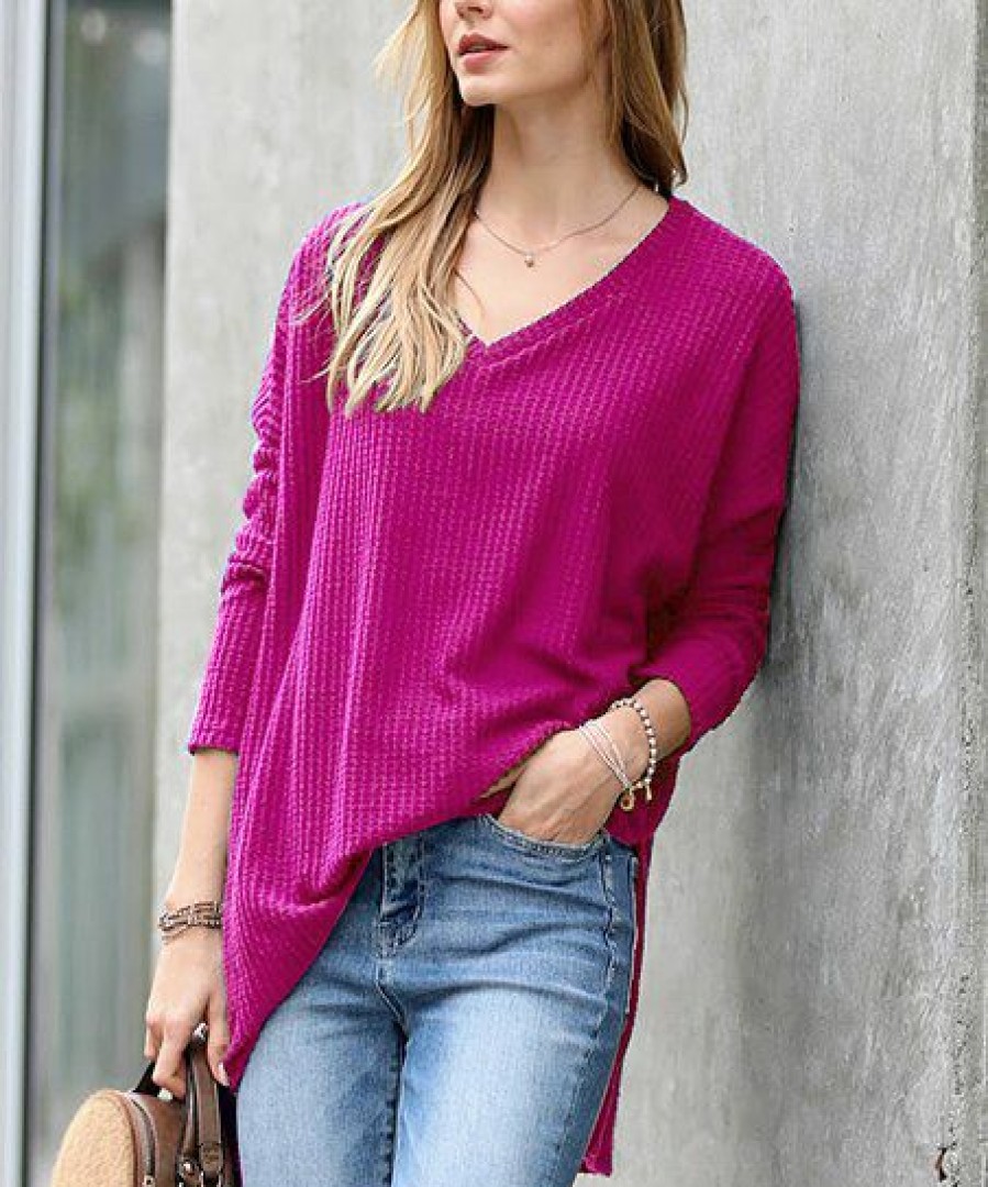 Women * | Coupon 42Pops Magenta Thermal Waffle V-Neck Hi-Low Sweater Women