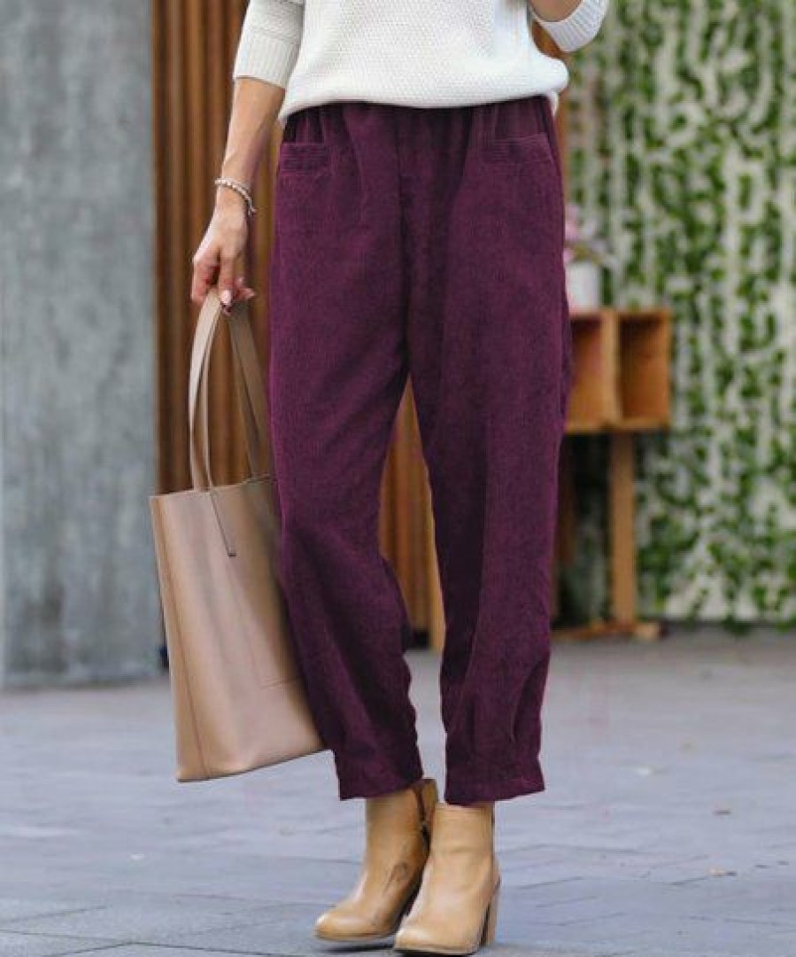 Women * | Brand New 42Pops Eggplant Corduroy Pocket Straight-Leg Pants Women