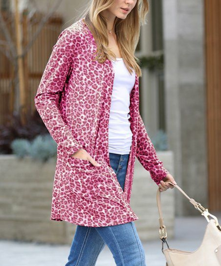 Women * | Budget 42Pops Cranberry Leopard Pocket Open Cardigan Women