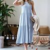 Women * | Outlet 42Pops Ash Blue Two-Tier Crewneck Sleeveless Midi Dress Women