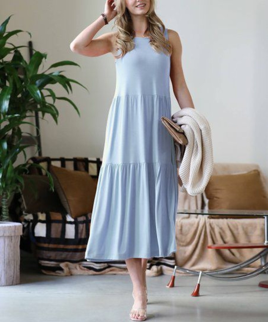 Women * | Outlet 42Pops Ash Blue Two-Tier Crewneck Sleeveless Midi Dress Women